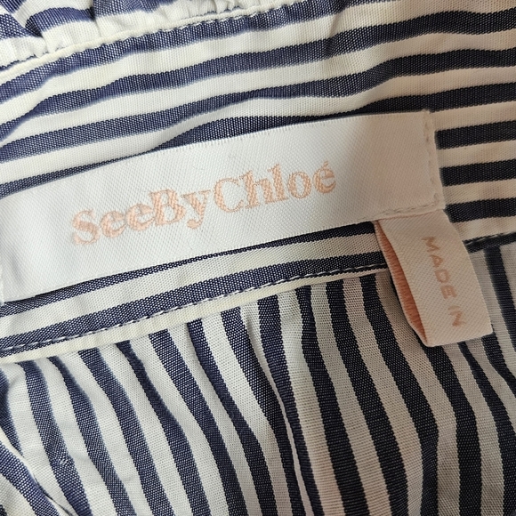 See By Chloe Mock Neck Button Front Striped Tunic Shirt Size 40 Blue White - Picture 5 of 12